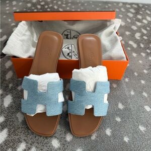 Hermes Light Blue Denim H Slide Sandals